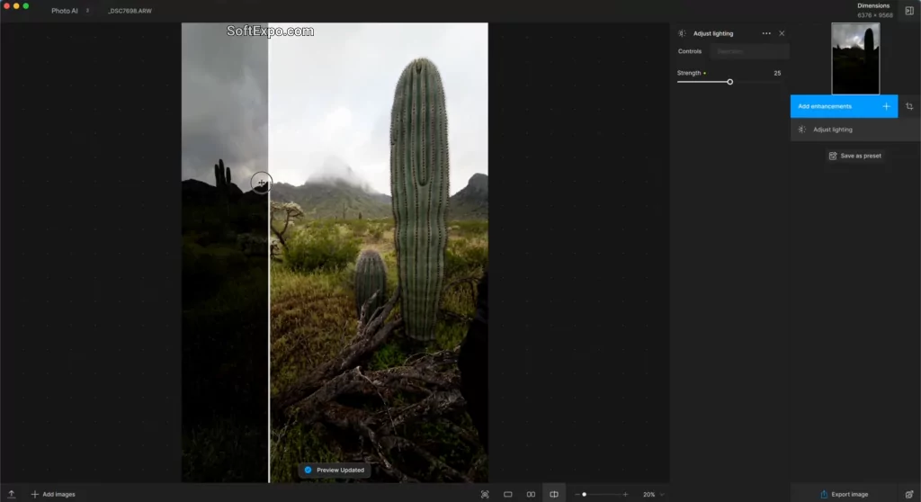 Noise reduction and sharpening side-by-side in pre-activated Photo AI