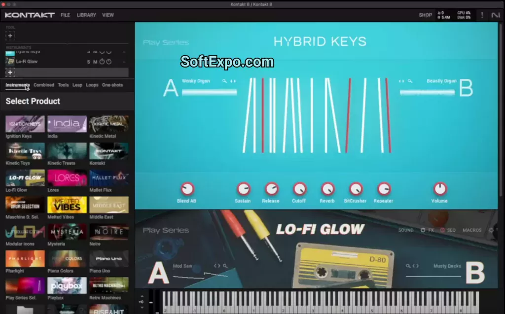 Kontakt 8.6.1 rack with strings, brass, and keys loaded in a Multi
