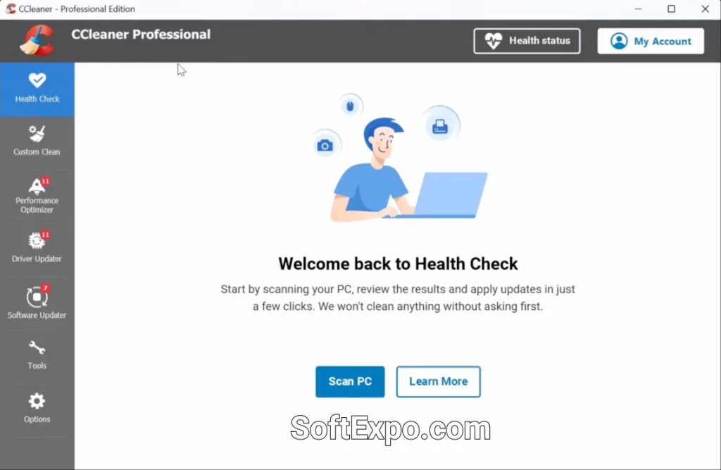 CCleaner Professional Health Check summary showing reclaimable space and privacy items