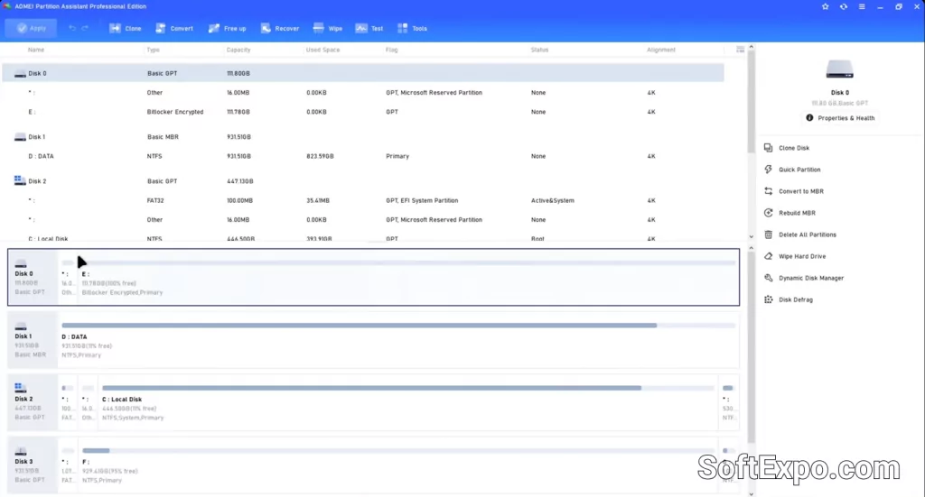 AOMEI Partition Assistant Pro interface showing disk visualization and partition management tools