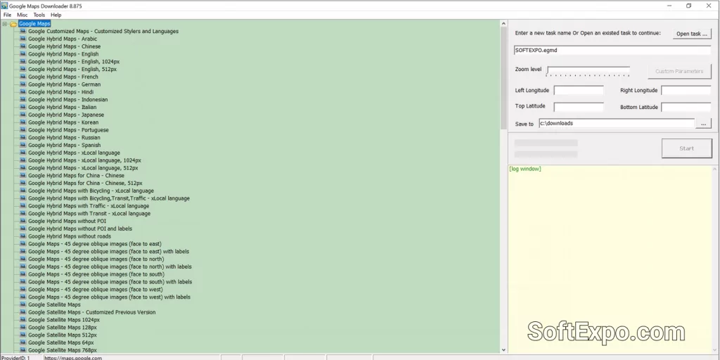 Google Maps Downloader interface showing area selection and download options for offline maps