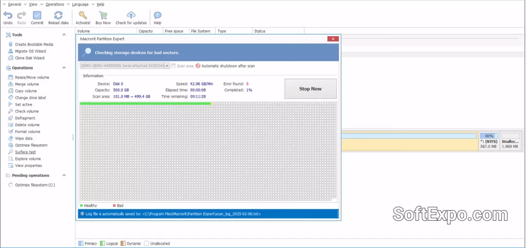 Macrorit Partition Expert main window showing disk map and pending operations