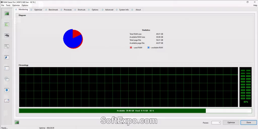 RAM Saver Professional interface showing real-time memory monitoring and optimization controls