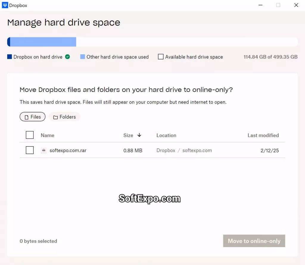 Dropbox desktop folder showing online-only and local file badges