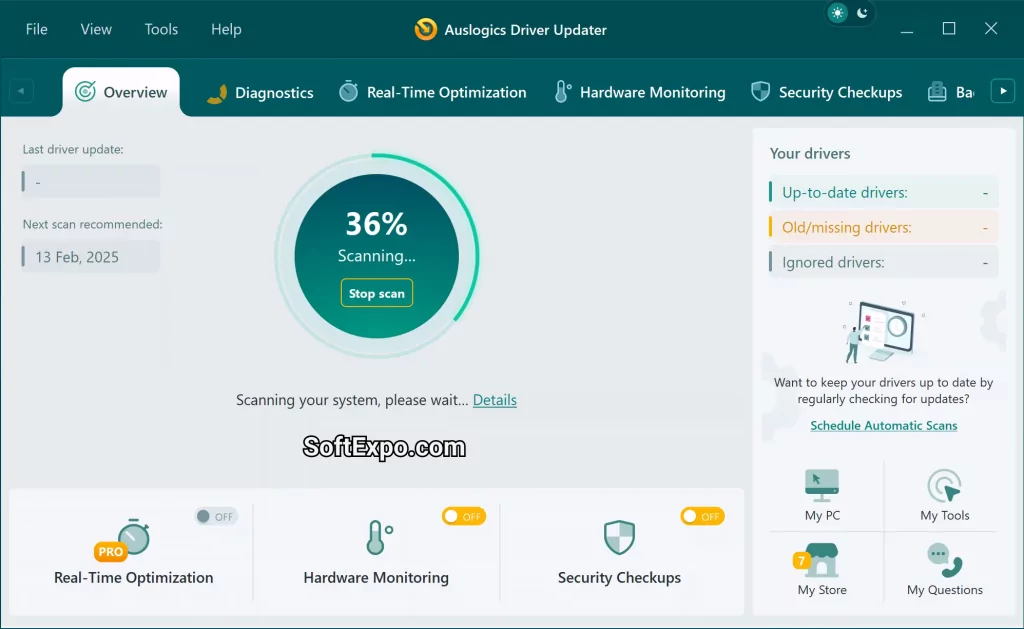 Auslogics Driver Updater scan results listing outdated GPU, audio, and network drivers