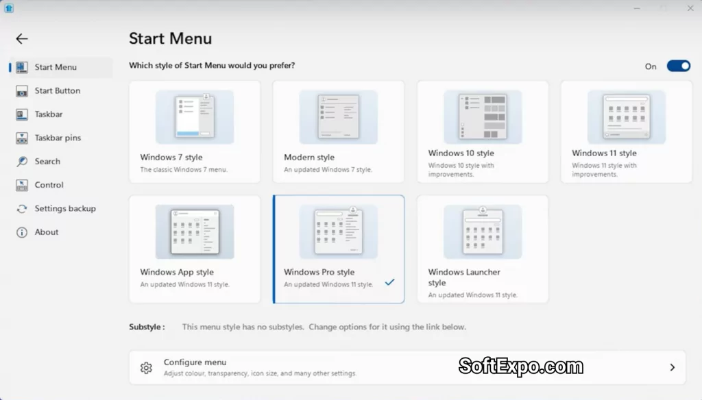 Start11 Start menu with tabbed sections for Work, Personal, and Admin