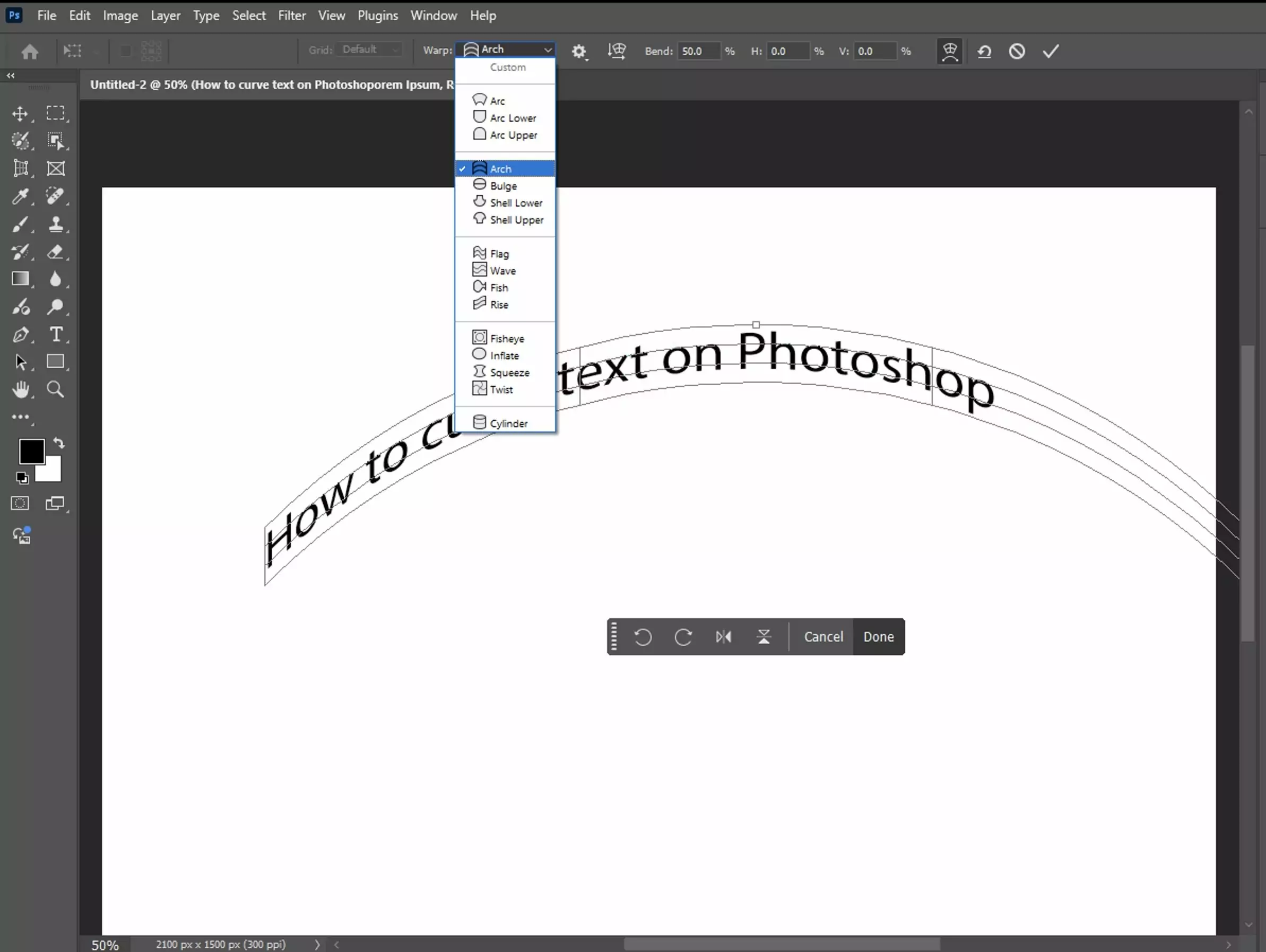 From the Warp dropdown menu in the options bar, select a text style