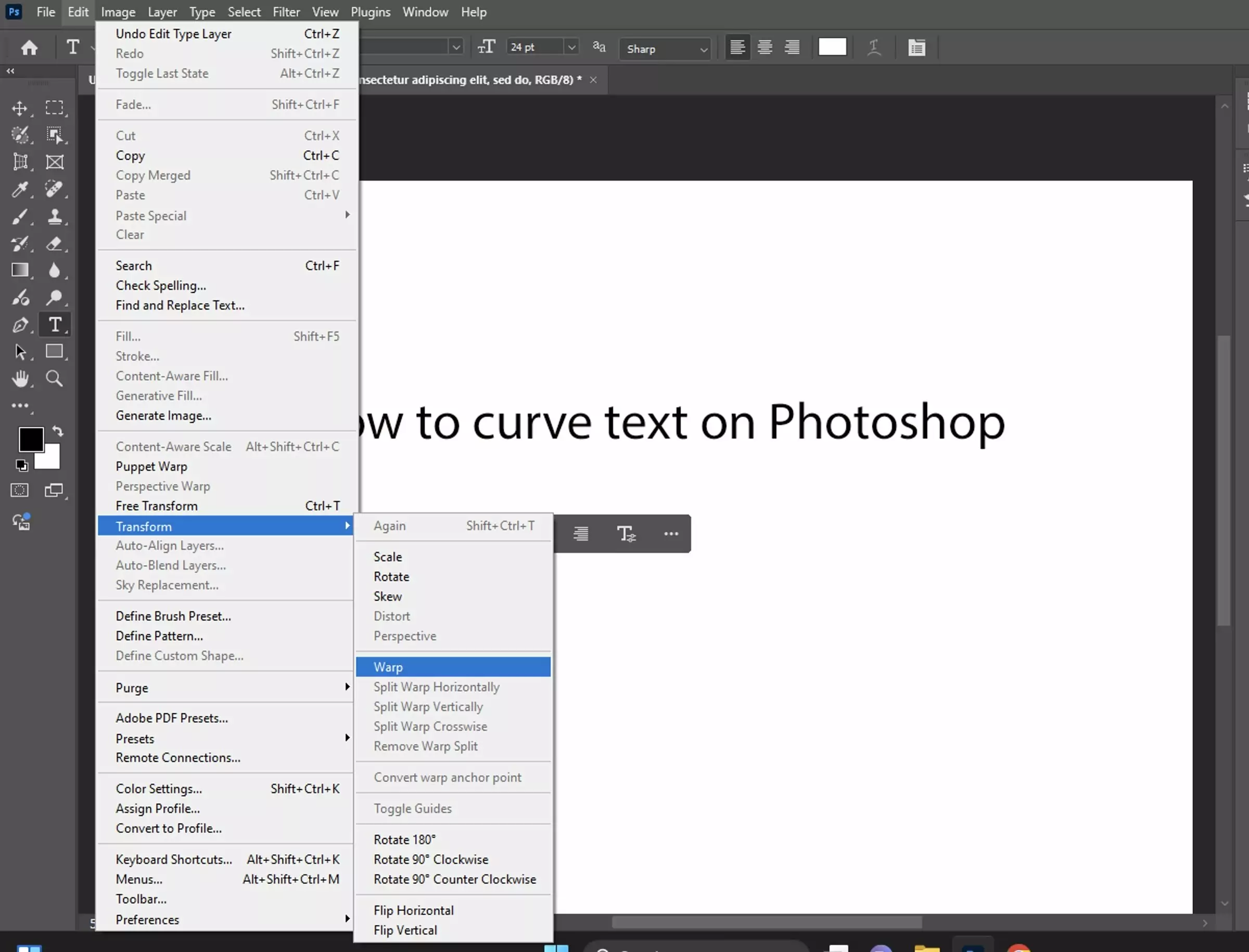 With the text layer selected, go to Edit > Transform > Warp (or right-click on the text layer and select "Warp Text").