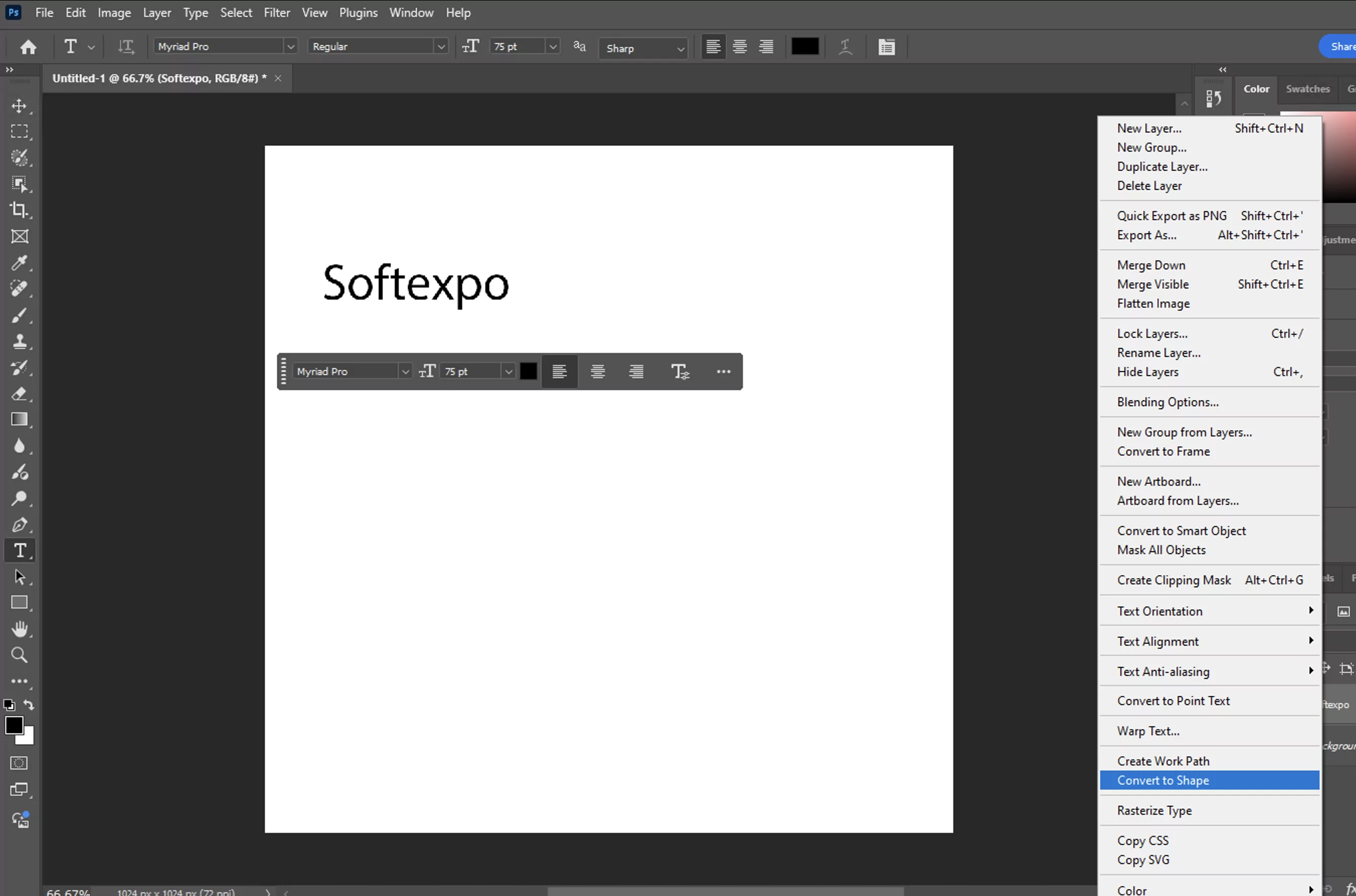 Right-click on the text layer and select "Convert to Shape" (or use Type > Convert to Shape)