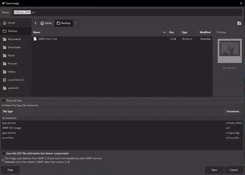 This distinction between GIMP's native .xcf format and exported formats preserves your editing ability while still producing optimized output files with appropriate image resolution for your needs.