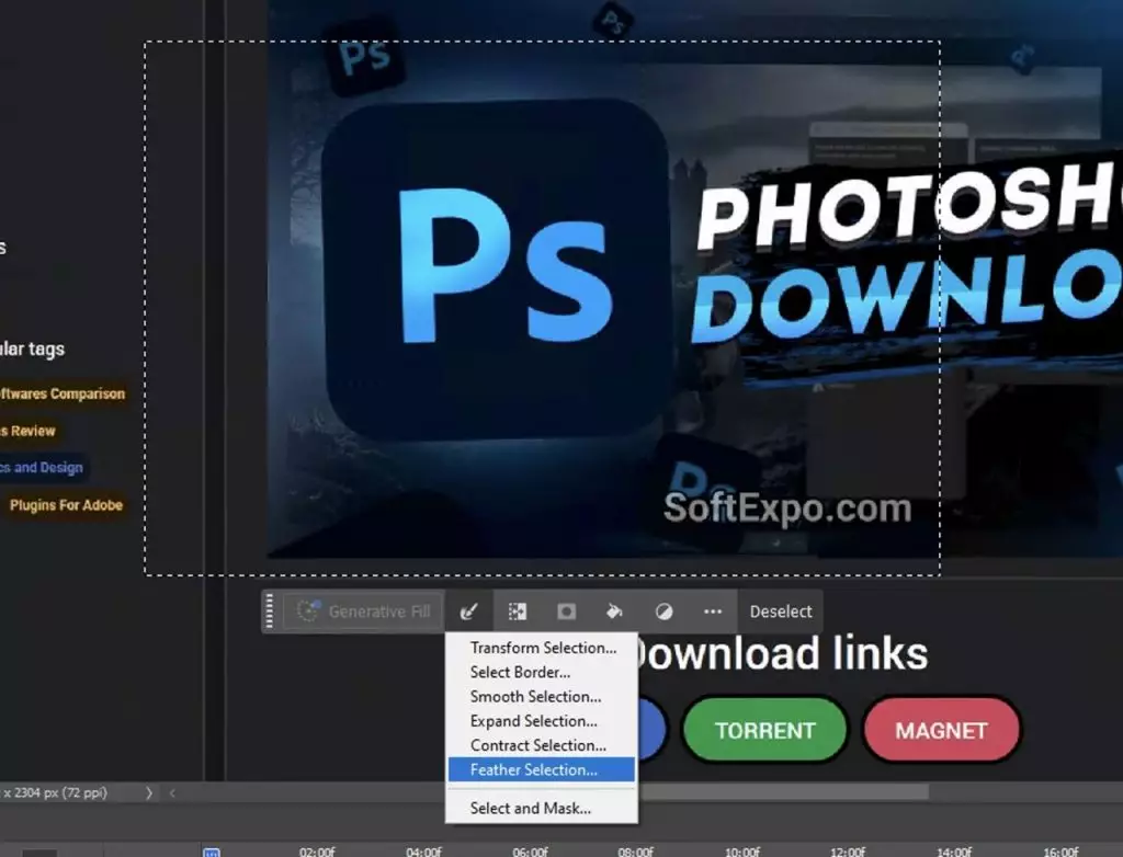 Look in the options bar at the top of the screen for the "Feather" setting