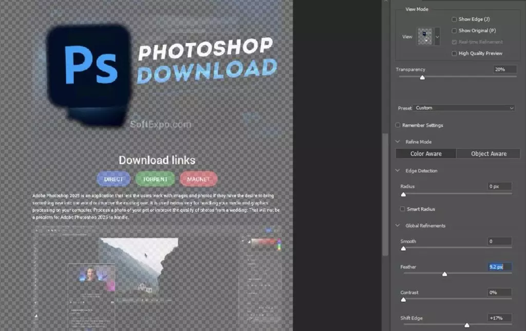 In the Properties panel, adjust the "Feather" slider to soften the selection edge