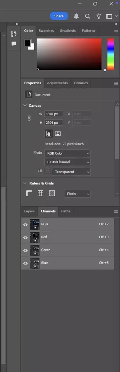 Click on a specific channel (Red, Green, or Blue)