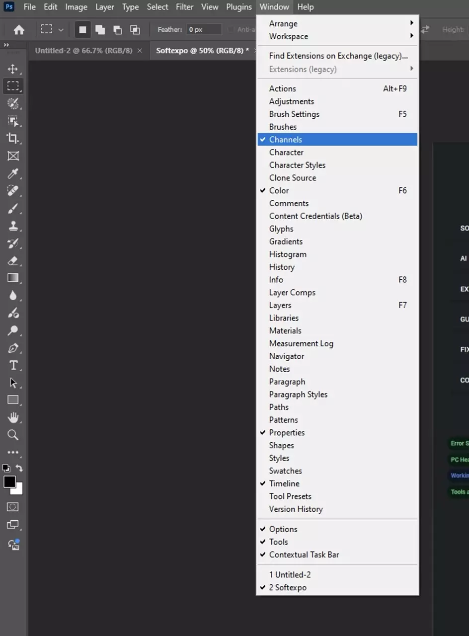 Go to Window > Channels to open the Channels panel