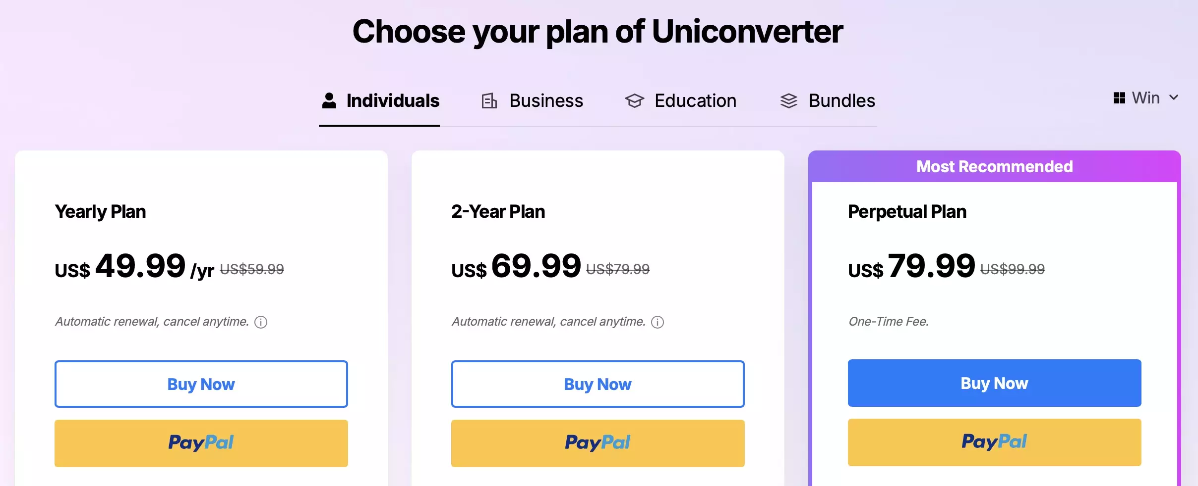 Wondershare UniConverter Individual Price Plan