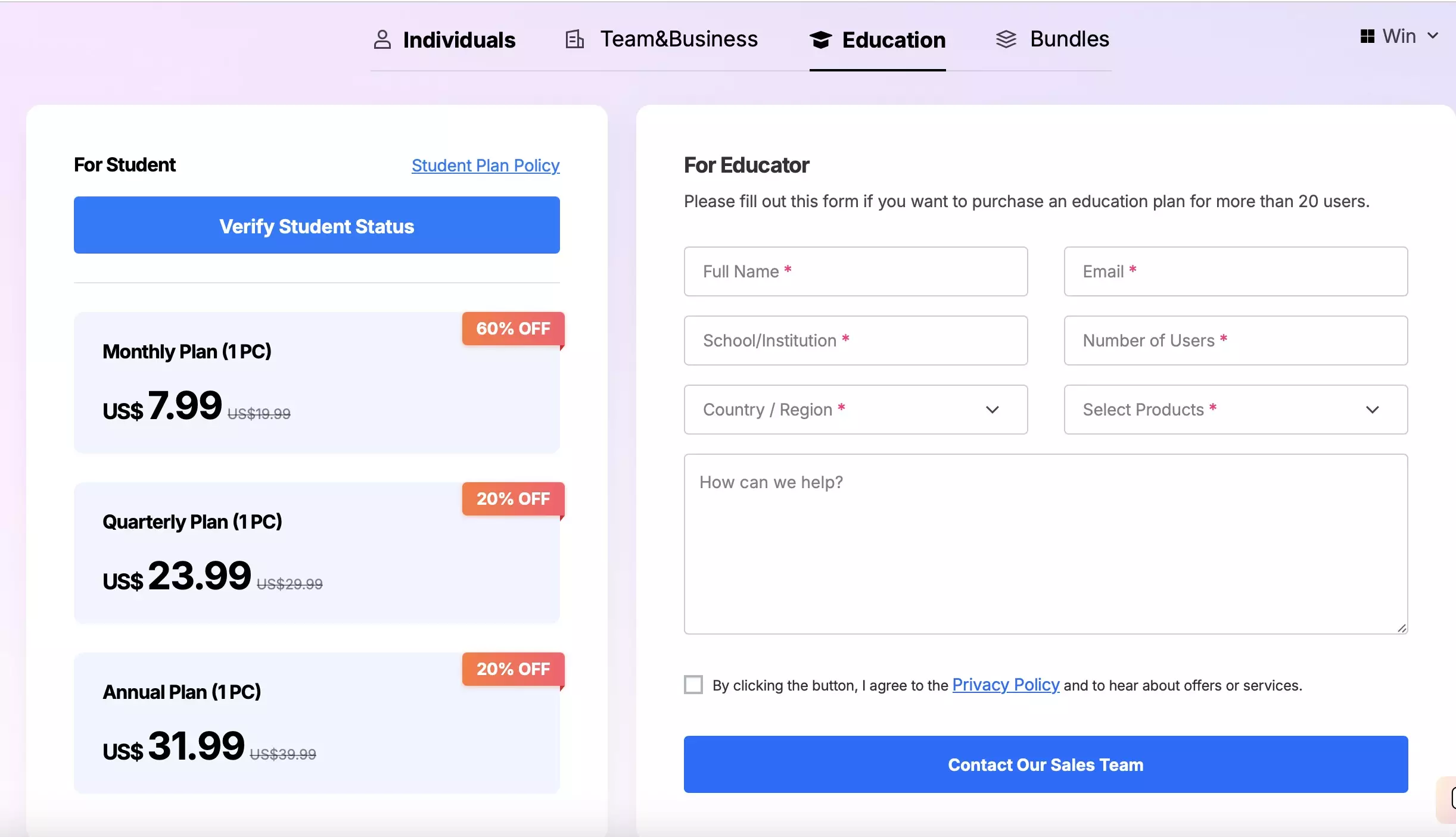 Wondershare UniConverter Education Price Plan