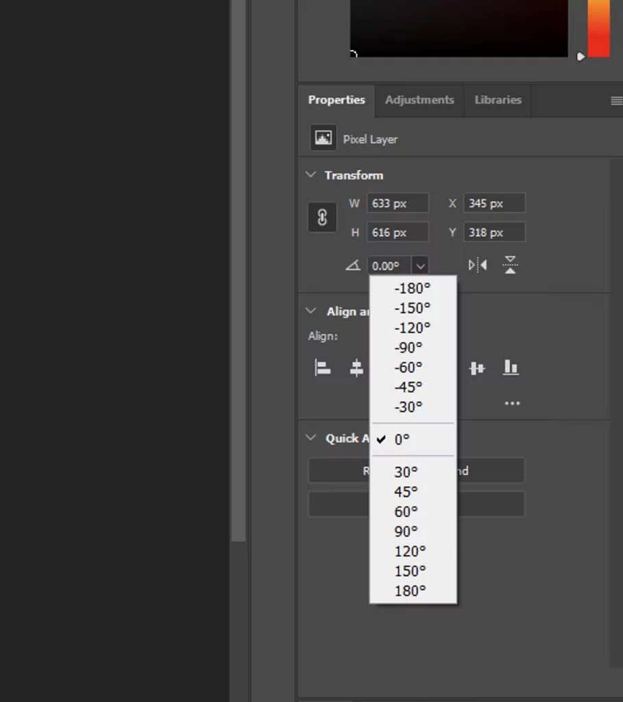 The 90 Degrees Clockwise and 90 Degrees Counter Clockwise options are particularly useful for quickly reorienting elements