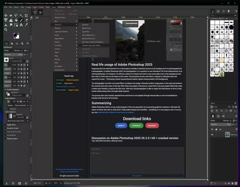 Sharpening brings out details in soft images. Apply the Unsharp Mask filter (Filters > Enhance > Unsharp Mask) with conservative settings. Start with Radius at 1.0 and Amount at 0.5, then adjust based on your image. Too much sharpening creates ugly halos around edges, so apply it sparingly.