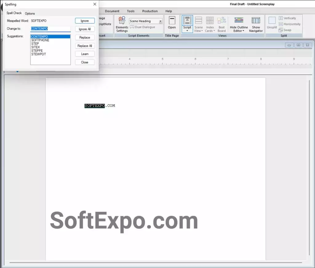 Final Draft cracked version interface showing spelling 
