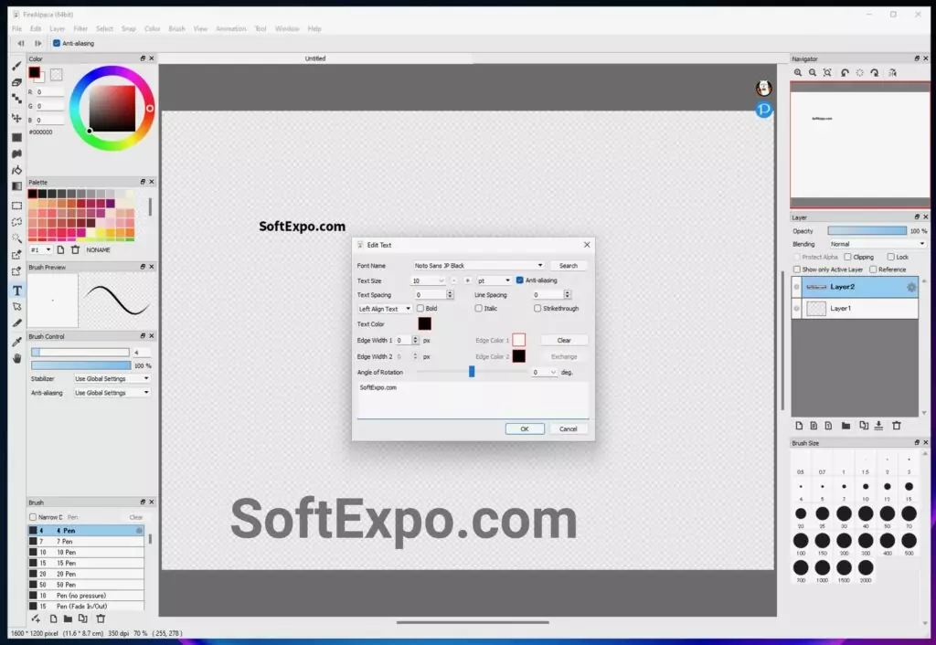 FireAlpaca cracked version drawing interface with text panel open