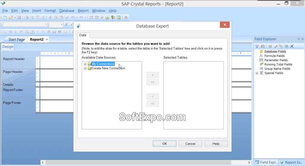 SAP Crystal Reports Database Expert Window