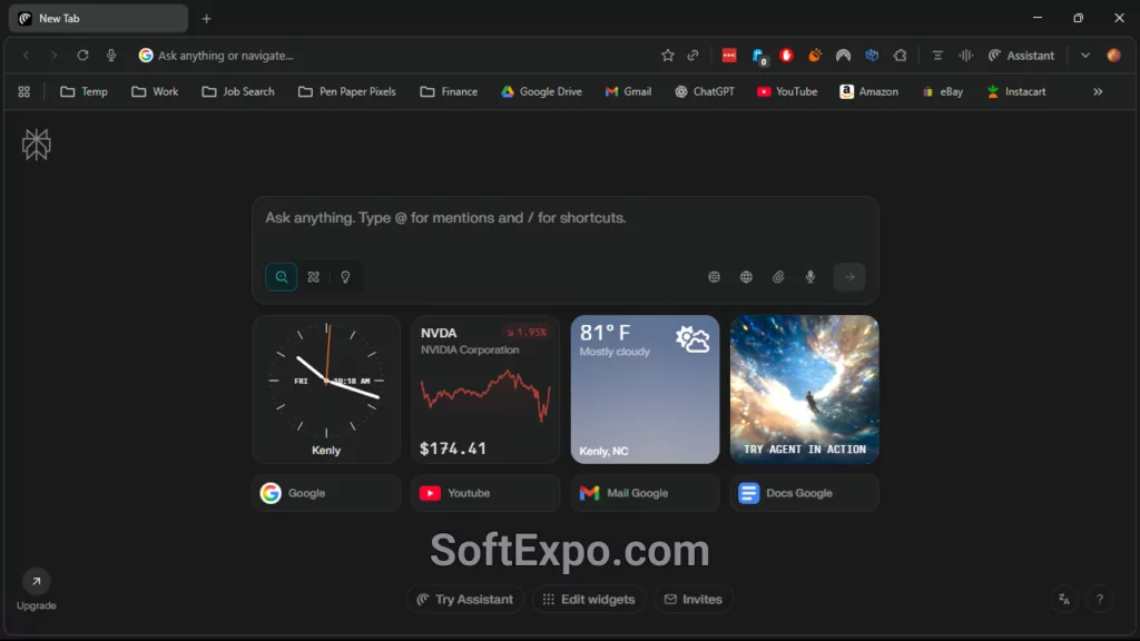 Comet's homepage with widgets